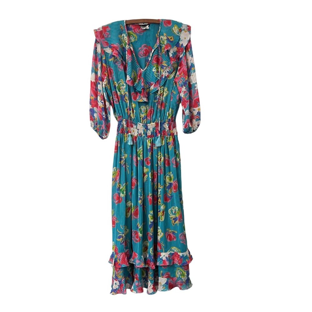 Vintage Diane Freis Blue Floral Georgette Ruffle Smocked Maxi Dress Size M/L